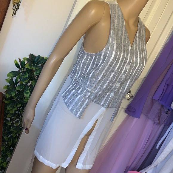 Vtg 90s y2k sleeveless grey white stripe sheer chiffon vest tunic top M - Picture 10 of 16
